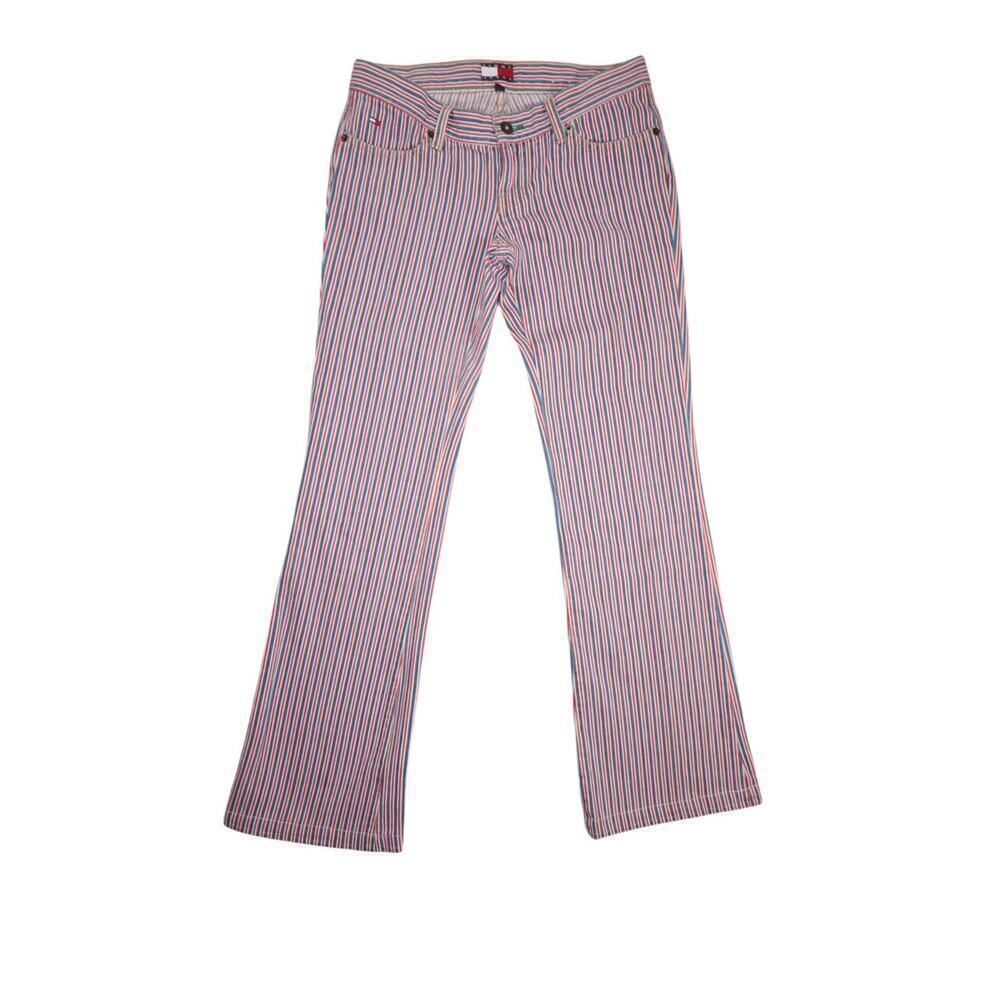 Vintage Tommy Jeans Red White Blue Striped Flare Pants Size 3 Y2K 90s Retro USA